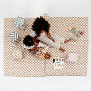 Checker Toffee Organic Cotton Mat for babies, ideal play mat in a stylish design, angle view showcasing soft texture.