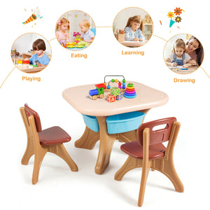3-piece plastic children play table and chair set for indoor and outdoor use, shown at angle 21.