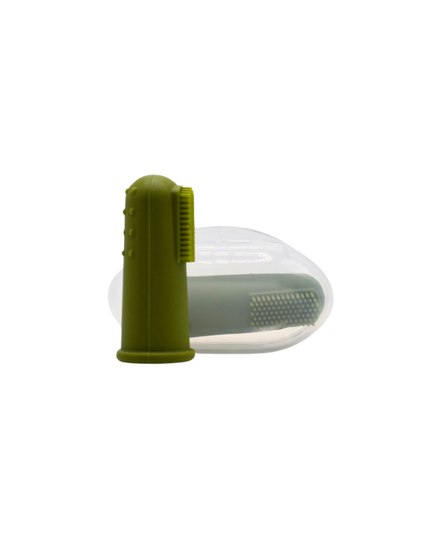 Finger toothbrushes in mustard and army green for baby oral care, angled view showcasing soft bristles and ergonomic design.
