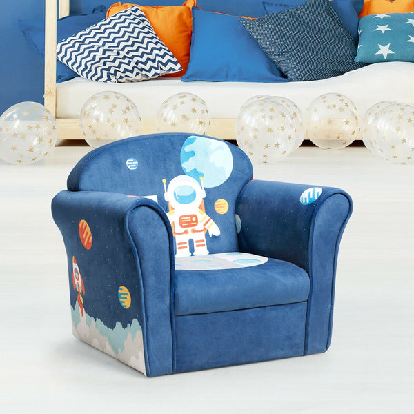 Kids astronaut armrest upholstered couch, angle view, perfect for playrooms and imaginative adventures.
