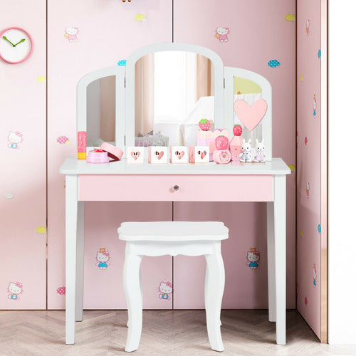 Kids princess makeup dressing table with tri-fold mirror and chair, perfect for imaginative play and bedtime routines.