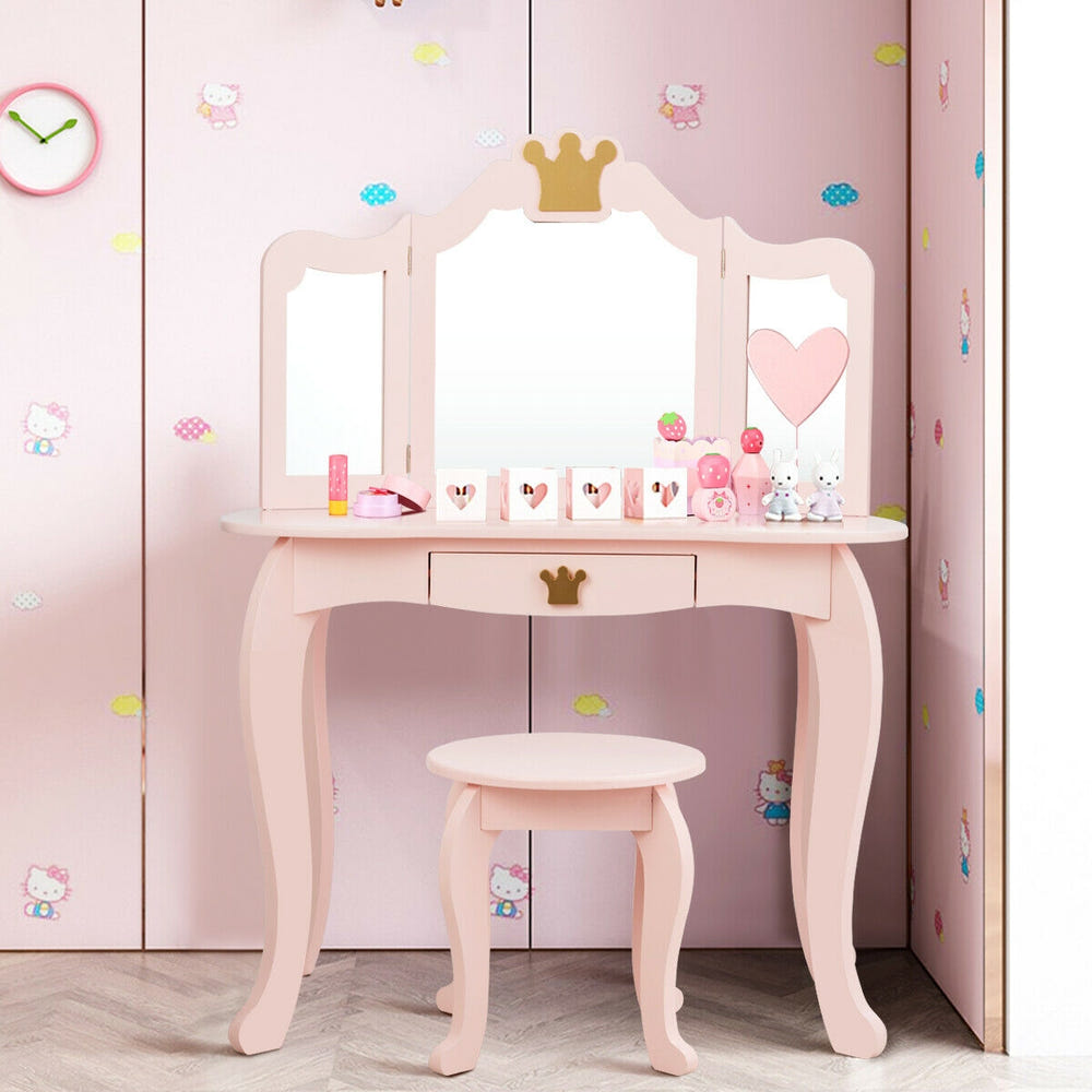 Kids makeup dressing table with tri-folding mirror and stool for imaginative play. Perfect for little ones!