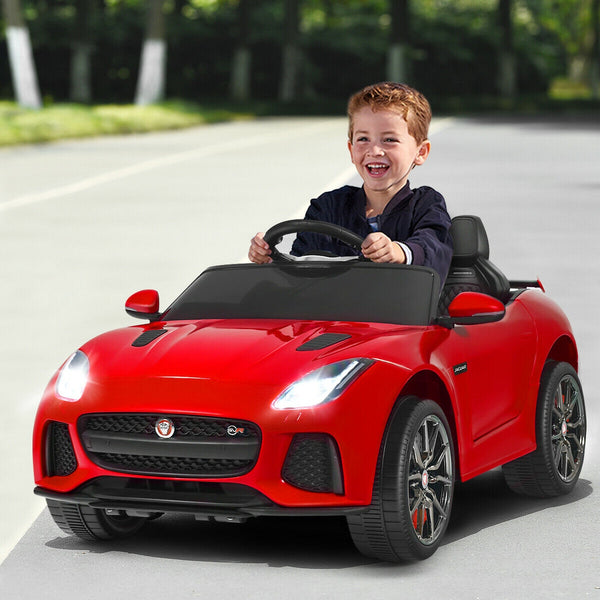 12V Jaguar F-Type SVR licensed kids ride-on car in angle view, perfect toy for adventurous little drivers.