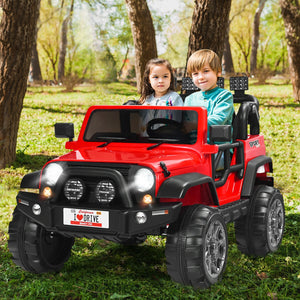 12V 2-seater ride-on car truck with remote control and storage, perfect for kids' outdoor fun.