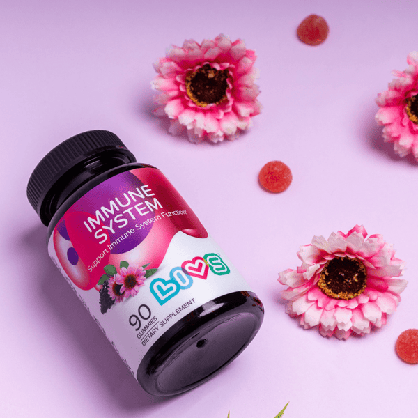 "Raspberry-flavored baby immune system booster in a bottle, angle 5 view."