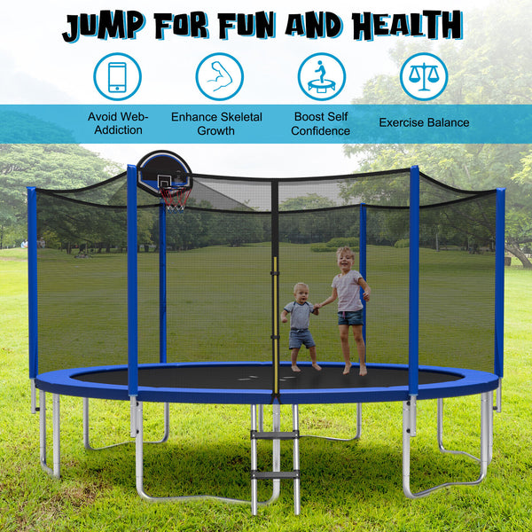 15/16 feet outdoor trampoline with enclosure net, perfect for safe family fun and recreational play.