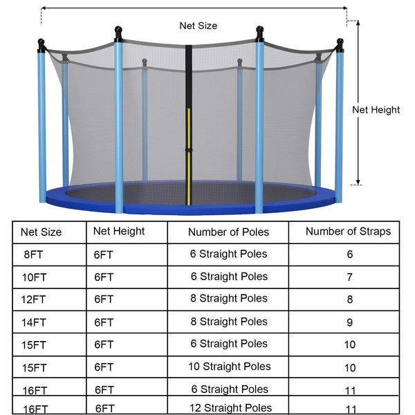 15/16 feet trampoline replacement safety net with adjustable straps, ensuring safety for kids during playtime.