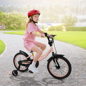 12-inch pink kids bike with adjustable seat and removable training wheels for ages 3-8, viewed at a 31-degree angle.
