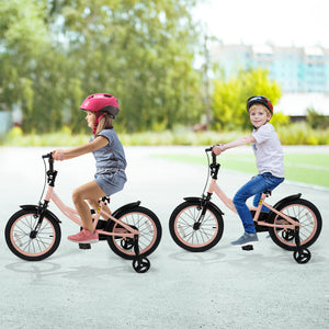 12-inch pink kids bike with adjustable seat and removable training wheels for ages 3-8, angled view.