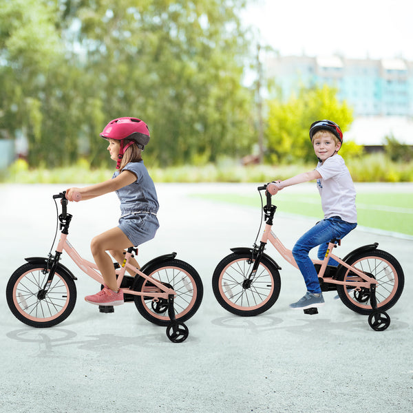 12-inch pink kids bike with adjustable seat and removable training wheels for ages 3-8, angled view.