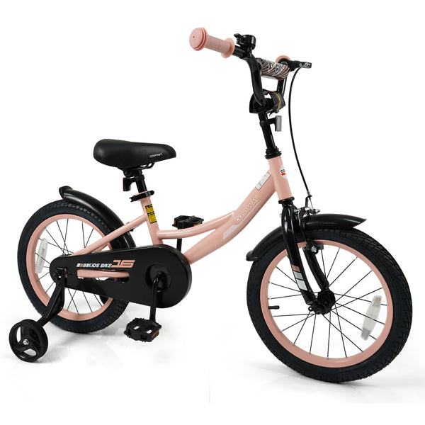 12-inch pink kids bike with adjustable seat and removable training wheels for ages 3-8, viewed at angle 16.