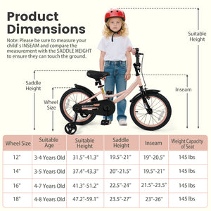 12-inch pink kids bike with adjustable seat and removable training wheels for ages 3-8, angled view.