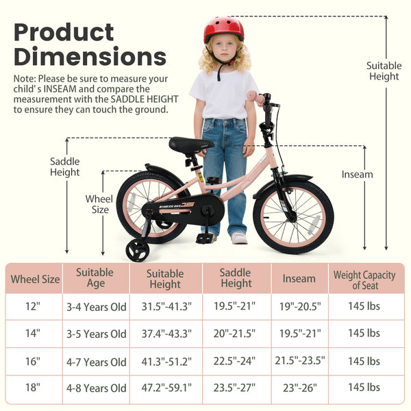 12-inch pink kids bike with adjustable seat and removable training wheels for ages 3-8, angled view.