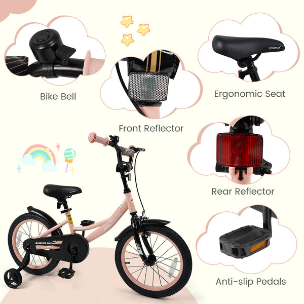 12-inch pink kids bike with adjustable seat and removable training wheels for ages 3-8, angled view.