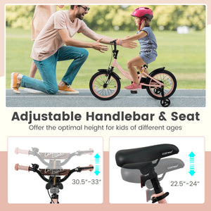 12-inch pink kids bike with adjustable seat and removable training wheels for ages 3-8, viewed at a 20-degree angle.