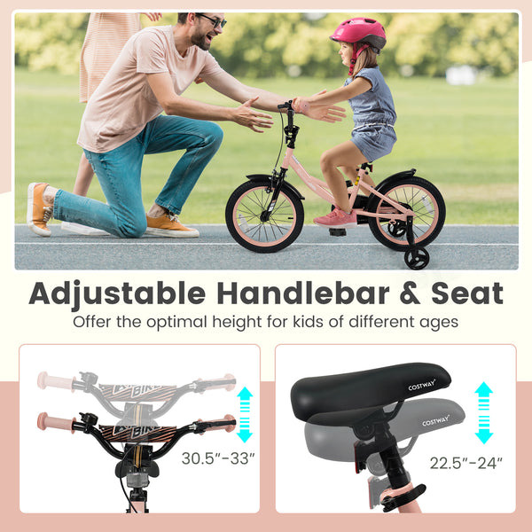 12-inch pink kids bike with adjustable seat and removable training wheels for ages 3-8, viewed at a 20-degree angle.