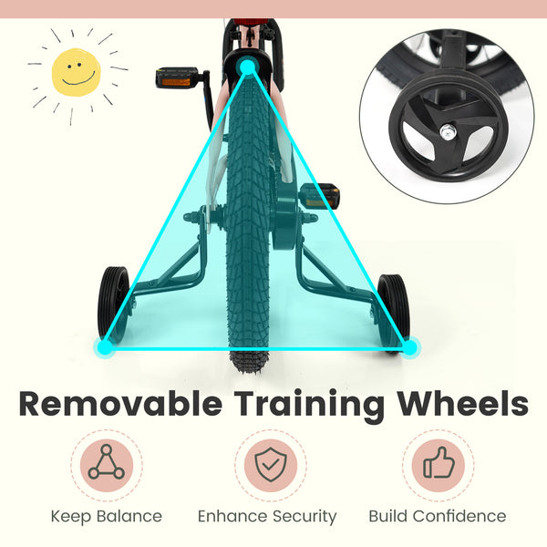 12-inch pink kids bike with adjustable seat and removable training wheels for ages 3-8, shown at angle 21.