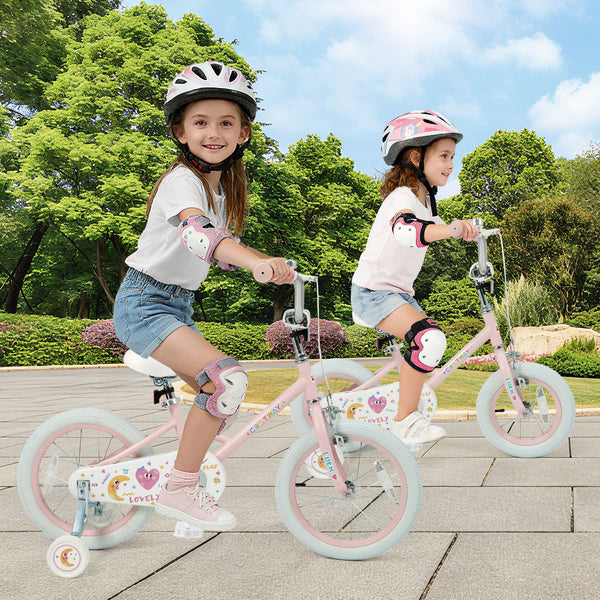 12-inch pink kids bike with stars and moon, adjustable for children aged 3-8, viewed at a 31-degree angle.