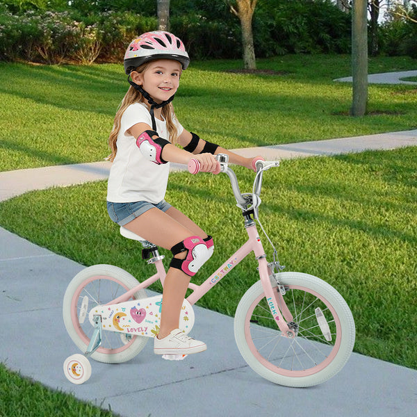 12-inch pink kids bike with stars and moon, adjustable for ages 3-8, viewed at a 15-degree angle.