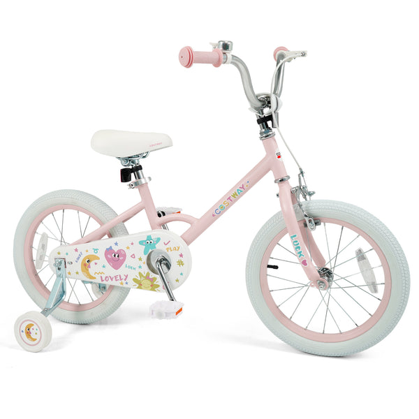 12-inch pink kids bike with stars and moon design, adjustable for children aged 3-8, shown at angle 16.