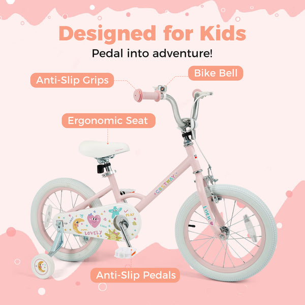 12-inch pink kids bike with stars and moon, adjustable for children aged 3-8, angled view.