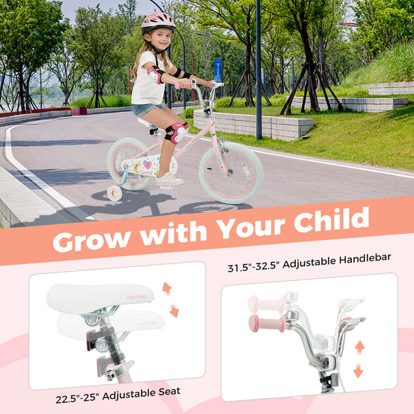 12-inch pink kids bike with stars and moon, adjustable for children ages 3-8, angled view.