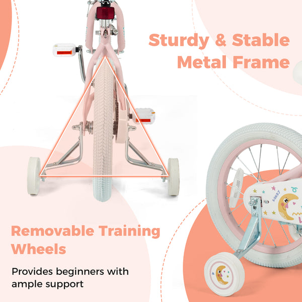 12-inch pink kids bike with stars and moon, adjustable for children aged 3-8, viewed at angle 21.