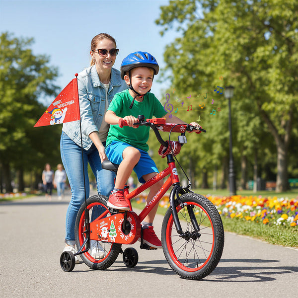 12-inch kids bike with Christmas music and flag, adjustable for ages 3-5, shown at angle 31.