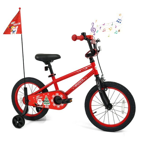 12-inch adjustable kids bike with Christmas music and flag for ages 3-5, angled view.