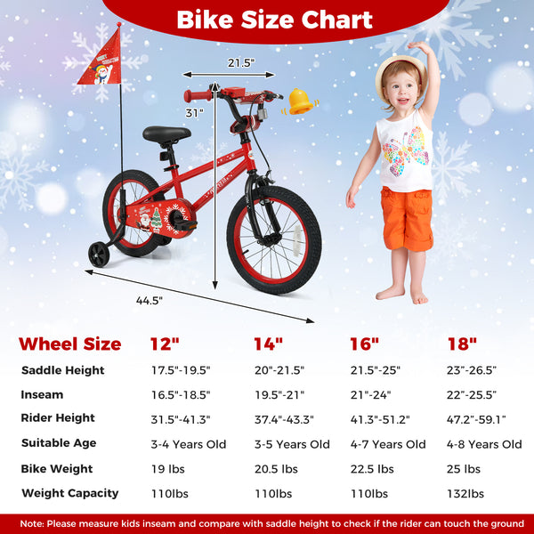 12-inch adjustable kids bike with Christmas music and flag for ages 3-5, shown from angle 16.