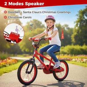 12-inch kids bike with adjustable features, Christmas music, and flag for ages 3-5, shown at a 20-degree angle.