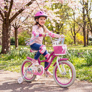 18-Inch Kids Bike Adjustable with Basket and Streamers Rose Red - Princess of the Sea Theme