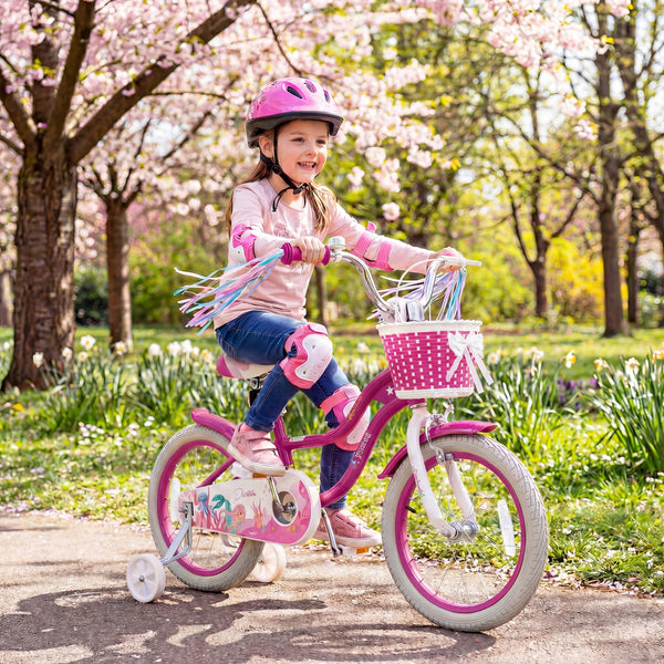 18-Inch Kids Bike Adjustable with Basket and Streamers Rose Red - Princess of the Sea Theme