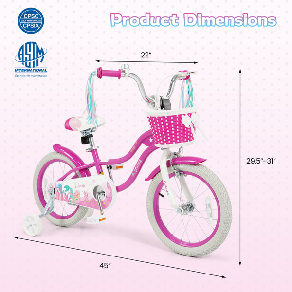 18-Inch Kids Bike Adjustable with Basket and Streamers Rose Red - Princess of the Sea Theme