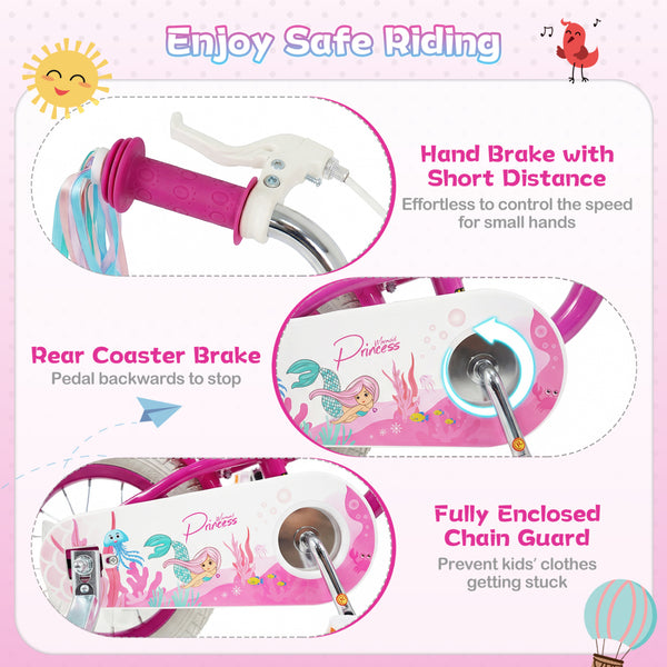 18-Inch Kids Bike Adjustable with Basket and Streamers Rose Red - Princess of the Sea Theme