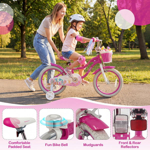 18-Inch Kids Bike Adjustable with Basket and Streamers Rose Red - Princess of the Sea Theme