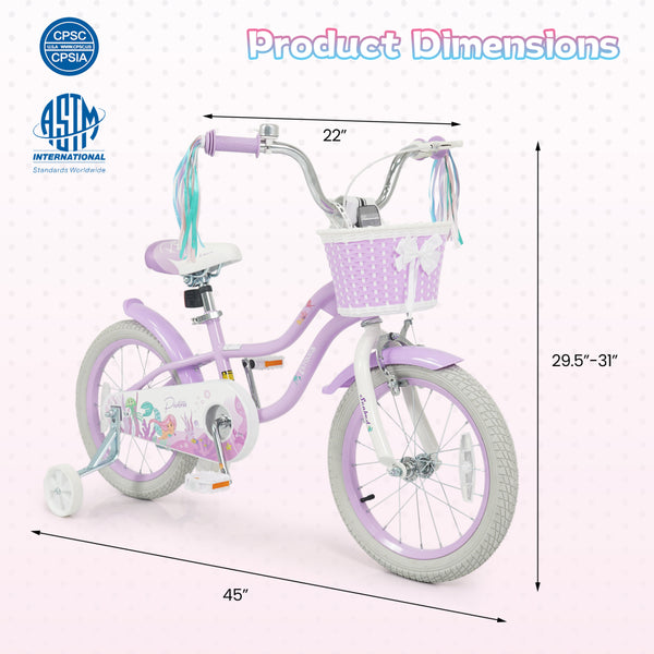 18-Inch Kids Bike Adjustable with Basket and Streamers Purple - Princess of the Sea Theme