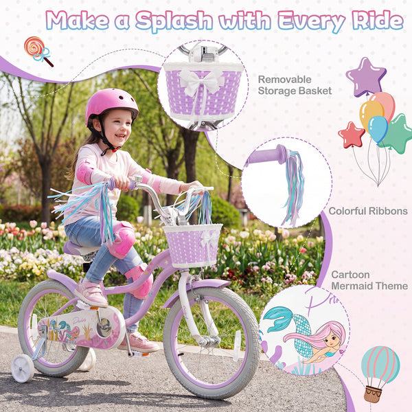 18-Inch Kids Bike Adjustable with Basket and Streamers Purple - Princess of the Sea Theme