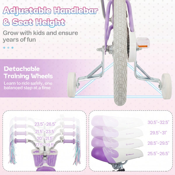 18-Inch Kids Bike Adjustable with Basket and Streamers Purple - Princess of the Sea Theme