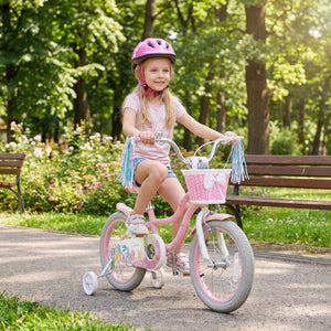 12-inch adjustable kids bike for girls, featuring a basket and streamers, perfect for ages 3 and up.