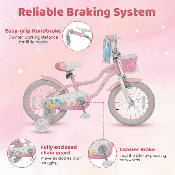 12-inch adjustable kids bike for girls aged 3, featuring a basket and streamers, angled view.