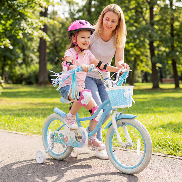 14 Inch Kids Bike Adjustable with Basket and Streamers Blue for Kids Aged 3-5 Years Old - Princess of the Sea Theme
