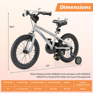 16-Inch Kids Bike Bicycle for Boys Girls 4-7 Adjustable with High Carbon Steel Frame