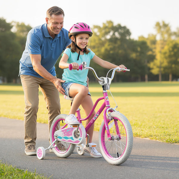12-inch pink kids bike for ages 3-8 with adjustable handlebar, Starlight Wave design, angled view.