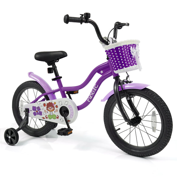 12-inch kids bike with training wheels for ages 3-4, in Magic Rose color, angled view showcasing design and features.