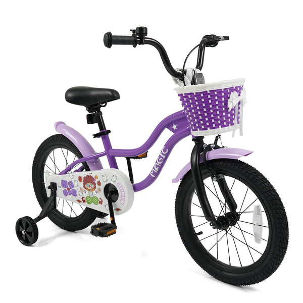 12-inch magic purple kids bike with training wheels for ages 3-4, angled view showcasing design and features.