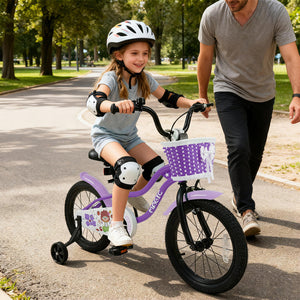 12-inch magic purple kids bike with training wheels for ages 3-4, angled view showcasing its design and features.