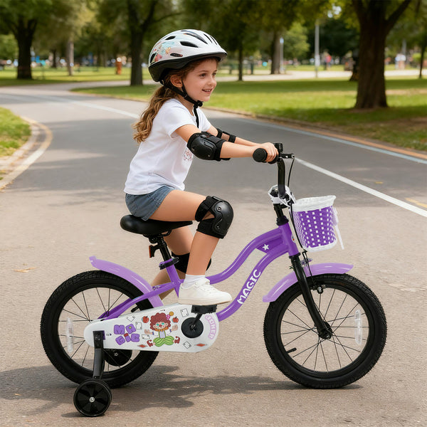 12-inch magic purple kids bike with training wheels for ages 3-4, angled view showcasing design and features.