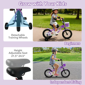12-inch magic purple kids bike with training wheels for ages 3-4, angled view showcasing design and features.