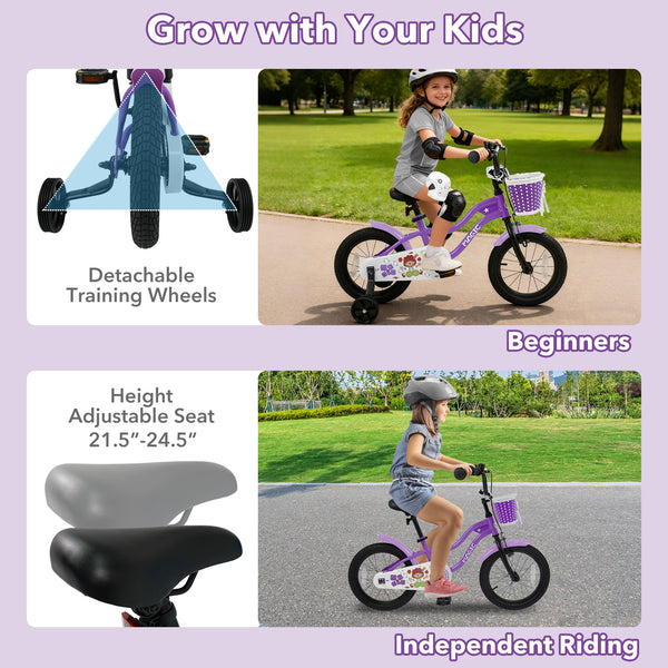 12-inch magic purple kids bike with training wheels for ages 3-4, angled view showcasing design and features.